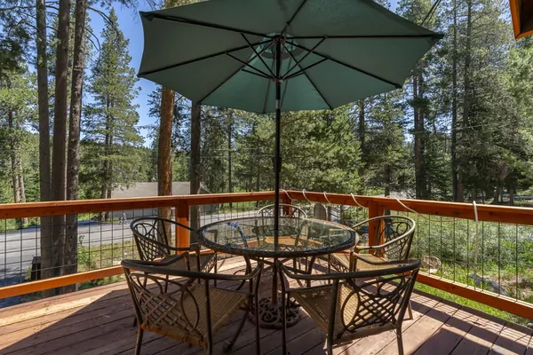 Front patio lounge area: Tahoe Donner Creek Side Retreat with Hot Tub