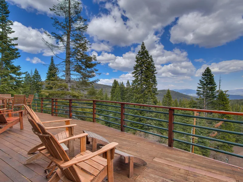 Outside seating at this cabin in north lake tahoe: Falcon's Eye View Retreat