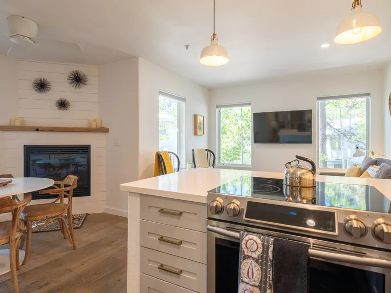 Kitchen looking out to living room:  Sweetbriar Garden Suite
