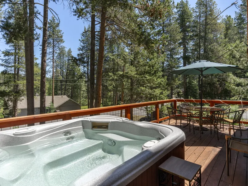 Front patio lounge area: Tahoe Donner Creek Side Retreat with Hot Tub
