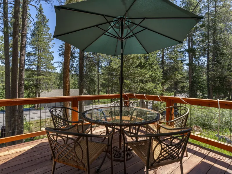 Front patio lounge area: Tahoe Donner Creek Side Retreat with Hot Tub