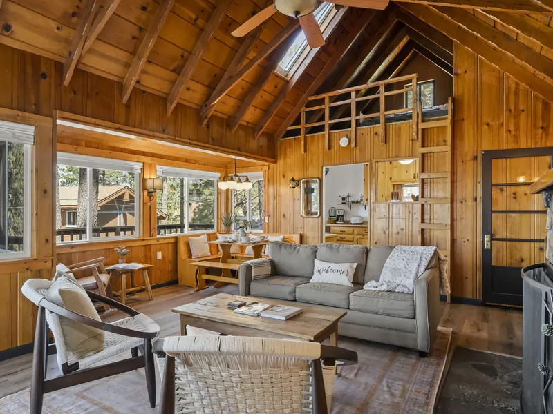 Living Room: Treehouse Tahoe Cabin with Private Hot Tub