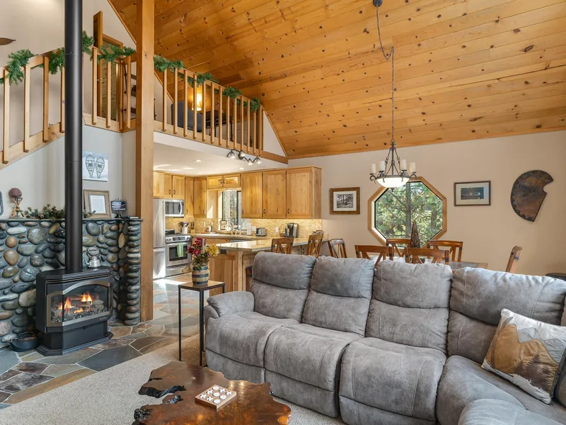 Family Room with view of kitchen: Pinecone Lodge with Private Hot tub